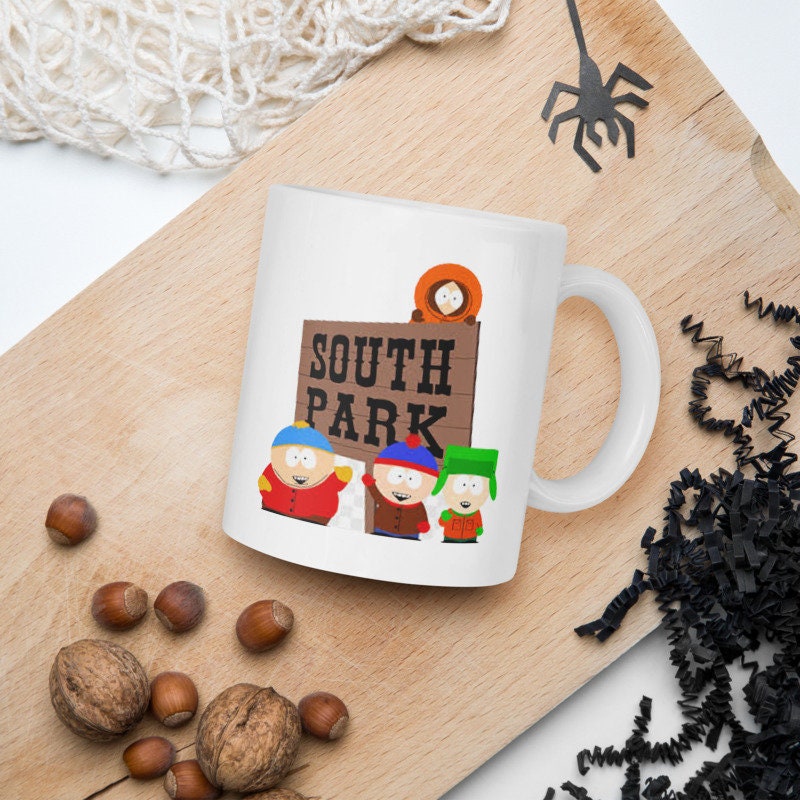 southpark crew next to signpost , southpark , handmade ceramic southpark mug,90s animated cartoon,southpark gift