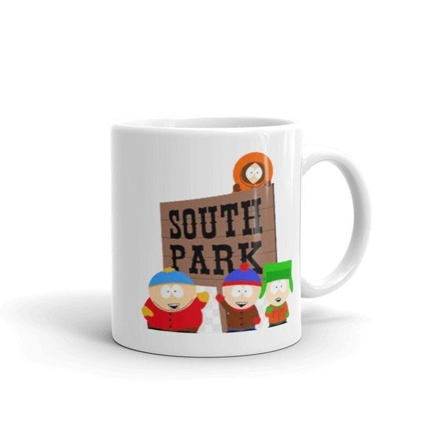 southpark crew next to signpost , southpark , handmade ceramic southpark mug,90s animated cartoon,southpark gift