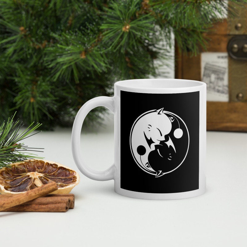ying yang moggy   white mug ,ying yang black white gift,white ceramic mug ,yoga spiritual  coffee mug