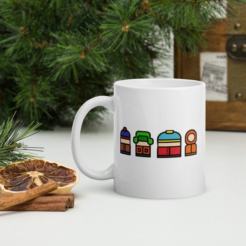southpark gang in pixel format -southpark gifts,handmade southpark mug,southpark gifts, eric cop cartman mug,90s cartoon mug