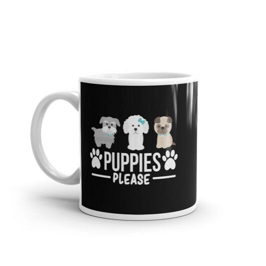 "Front view of a white ceramic dog lover mug with a custom dog tag design for people. Ideal gift for pet owners and dog enthusiasts.