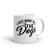 Side view of an 11oz dog lover coffee mug showcasing a custom dog tag design. Ideal for dog enthusiasts.