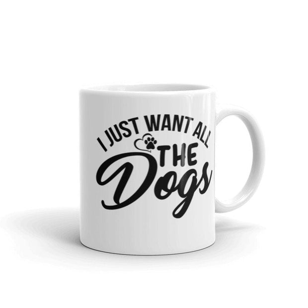 Side view of an 11oz dog lover coffee mug showcasing a custom dog tag design. Ideal for dog enthusiasts.