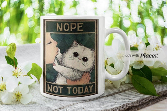 nope not today ,white tabby cat ,old painting tabby cat ,Black Cat coffee, cat lover Gifts ,gift for cat owner