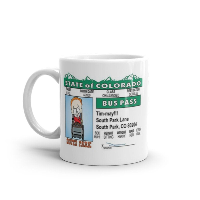 southpark timmy bus pass mug  ,handmade southpark mug,southpark gifts,timmy  mug,90s cartoon mug,southpark cup gifts