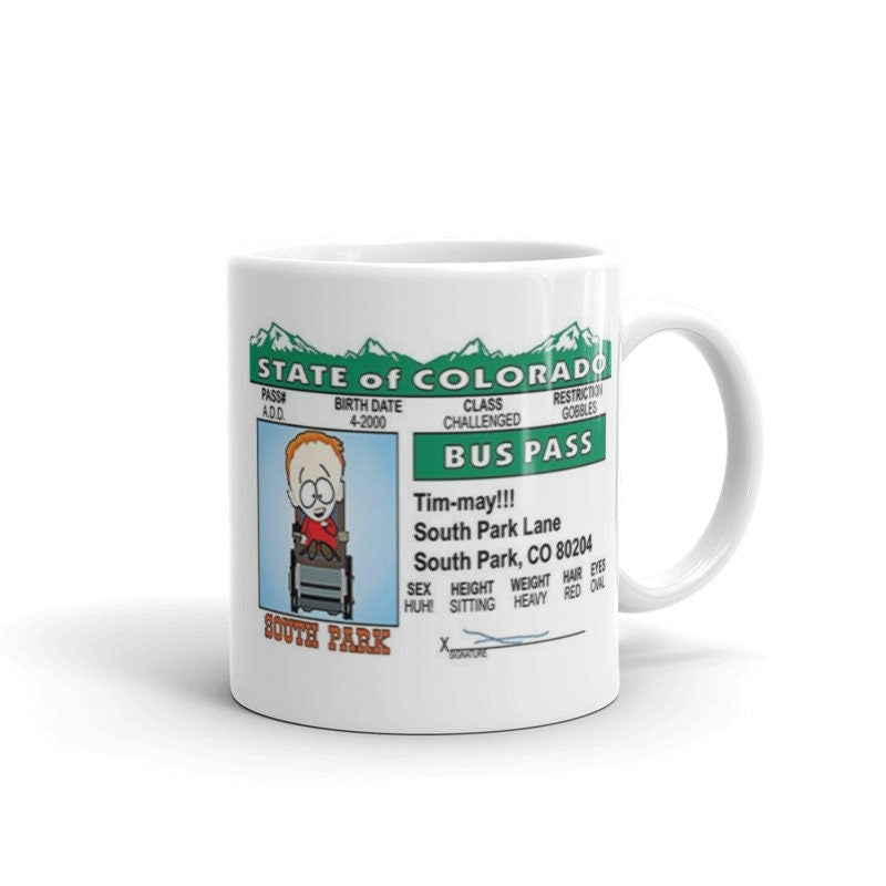 southpark timmy bus pass mug  ,handmade southpark mug,southpark gifts,timmy  mug,90s cartoon mug,southpark cup gifts