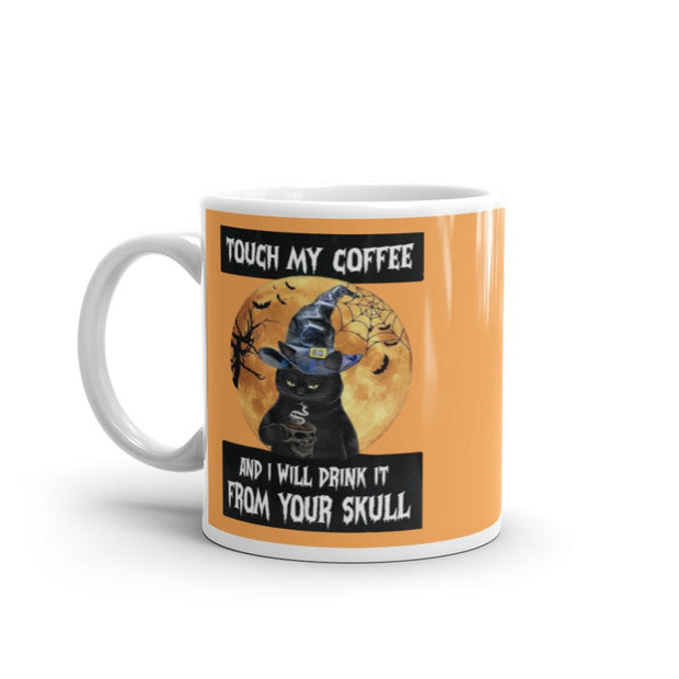 touch my coffee and i will drink it from your skull ,retro black cat wearing witches hat ,smoking black cat,Black Cat coffee, cat Gifts