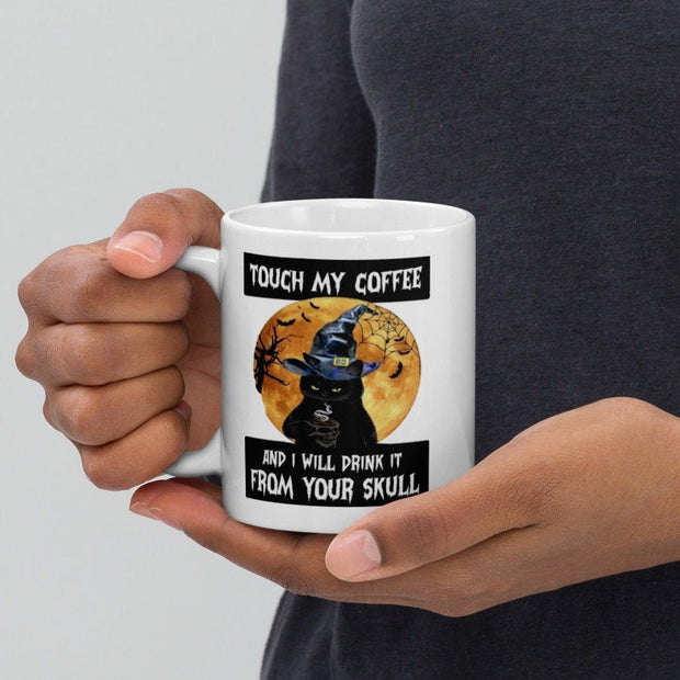 touch my coffee and i will drink it from your skull ,retro black cat wearing witches hat ,smoking black cat,Black Cat coffee, cat Gifts