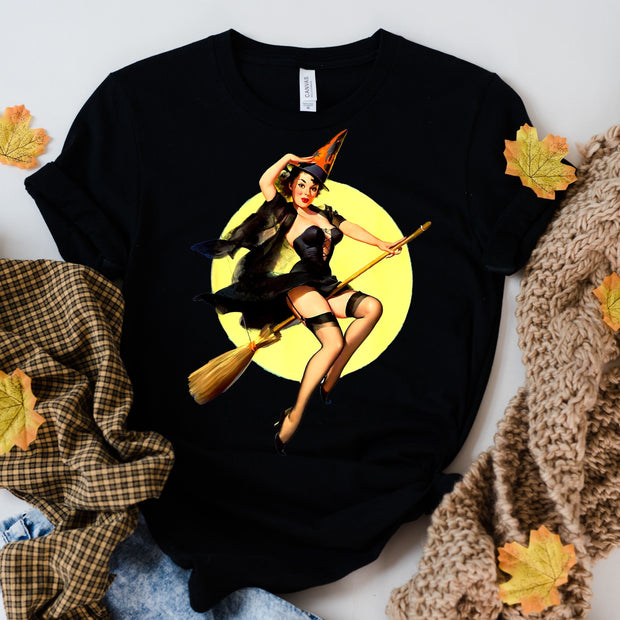witch flying on a broom, halloween Shirt, flying Witch Shirt, Fly Broom Shirt, Witch Broom Shirt, Halloween Gift,