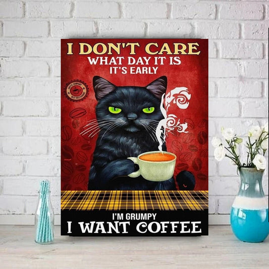 i dont care what time it is i want coffee  cat poster  , Black Cat Wall Art - Black Cat Print -Black Cat Artwork - Home Decor