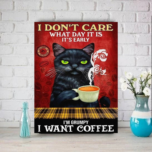 i dont care what time it is i want coffee  cat poster  , Black Cat Wall Art - Black Cat Print -Black Cat Artwork - Home Decor