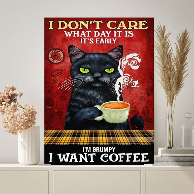 i dont care what time it is i want coffee  cat poster  , Black Cat Wall Art - Black Cat Print -Black Cat Artwork - Home Decor