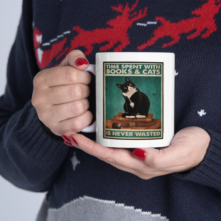 time spend with books and cats never wasted 11oz  coffee mug, black cat coffee ,ceramic cat mug, cat lover Gifts ,gift for cat owners