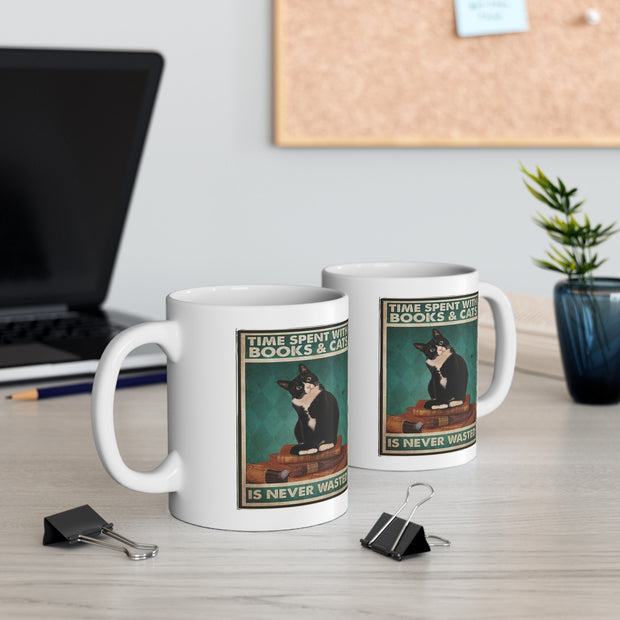 time spend with books and cats never wasted 11oz  coffee mug, black cat coffee ,ceramic cat mug, cat lover Gifts ,gift for cat owners