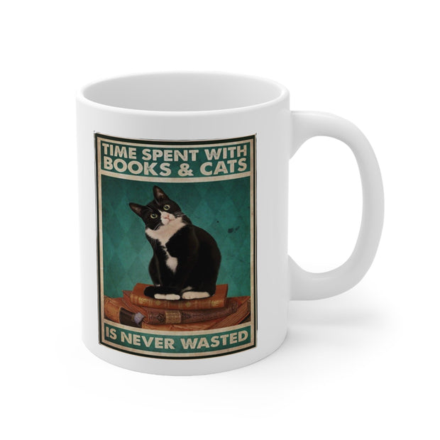 time spend with books and cats never wasted 11oz  coffee mug, black cat coffee ,ceramic cat mug, cat lover Gifts ,gift for cat owners