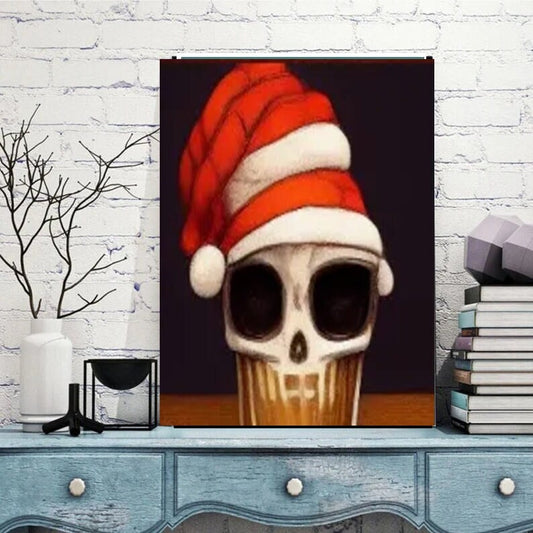 skeleton in santas hat drinking coffee ,skeleton wall art ,skull coffee art poster ,skeleton wall art -skelelton artwork  Print -Home Decor