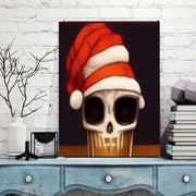 skeleton in santas hat drinking coffee ,skeleton wall art ,skull coffee art poster ,skeleton wall art -skelelton artwork  Print -Home Decor