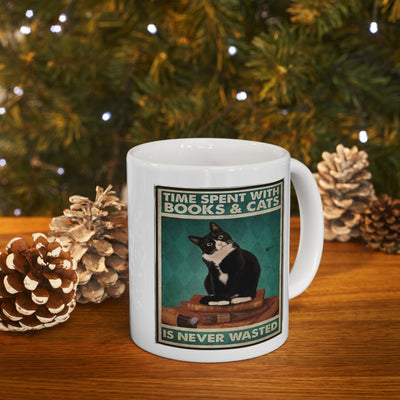 time spend with books and cats never wasted 11oz  coffee mug, black cat coffee ,ceramic cat mug, cat lover Gifts ,gift for cat owners