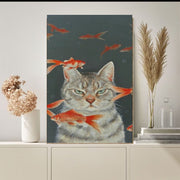 tabbycat with goldfish  cat poster .tabby cat-poster ,tabby Cat Wall Art - tabby Cat Print -tabby Cat Artwork - Home Decor