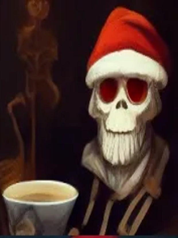 skeleton in santas hat drinking coffee ,skeleton wall art ,skull coffee art poster ,skeleton wall art -skelelton artwork  Print -Home Decor