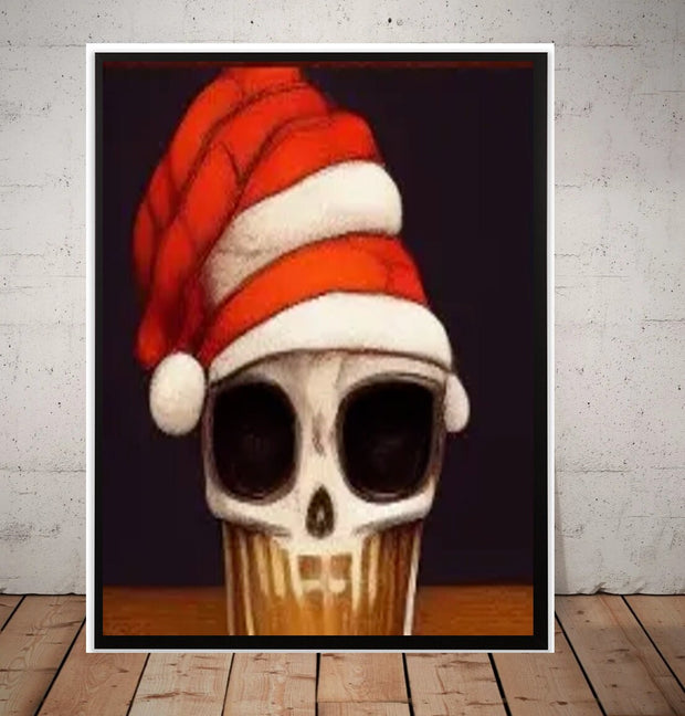 skeleton in santas hat drinking coffee ,skeleton wall art ,skull coffee art poster ,skeleton wall art -skelelton artwork  Print -Home Decor