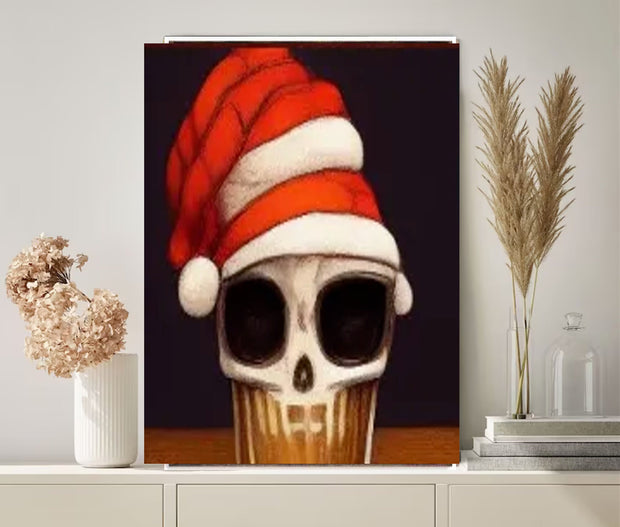 skeleton in santas hat drinking coffee ,skeleton wall art ,skull coffee art poster ,skeleton wall art -skelelton artwork  Print -Home Decor