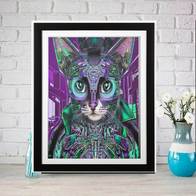 Cyberpunk Cat - Futuristic Digital Art File, Wall Decor, AI Generated Art  |
