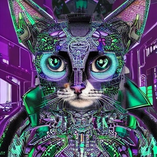 Cyberpunk Cat - Futuristic Digital Art File, Wall Decor, AI Generated Art  |