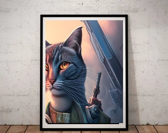 Cyberpunk Cat - cyberpunk art , tabby cat art,Digital print  Art File, Wall Decor, AI Generated Art -