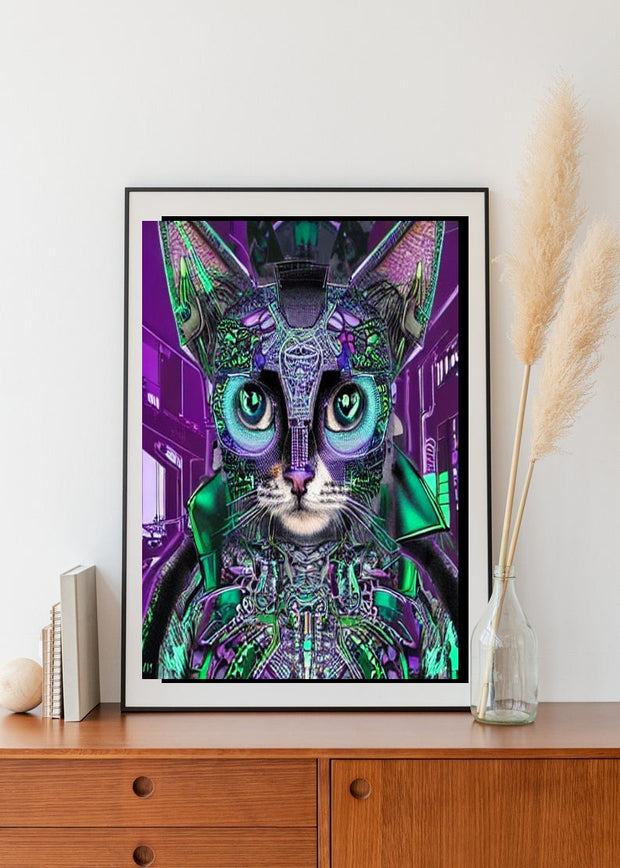 Cyberpunk Cat - Futuristic Digital Art File, Wall Decor, AI Generated Art  |