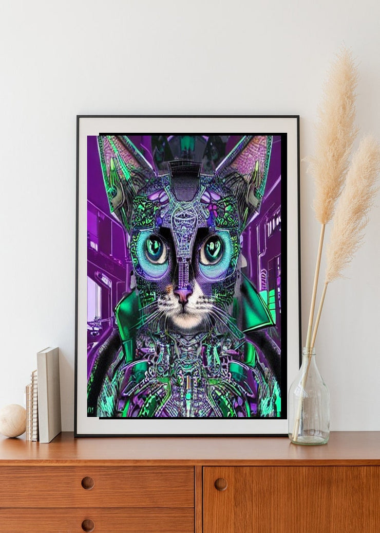Cyberpunk Cat - Futuristic Digital Art File, Wall Decor, AI Generated Art  |