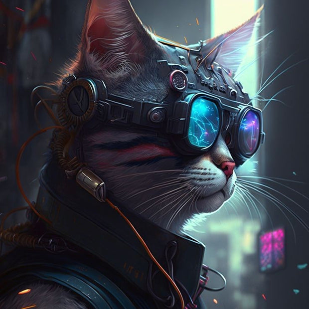 tabby cyberpunk cat with glasses   ,tabby cat-poster , Cat Wall Art -Cat Print - | AI-Generated Art | Futuristic Ai Art |