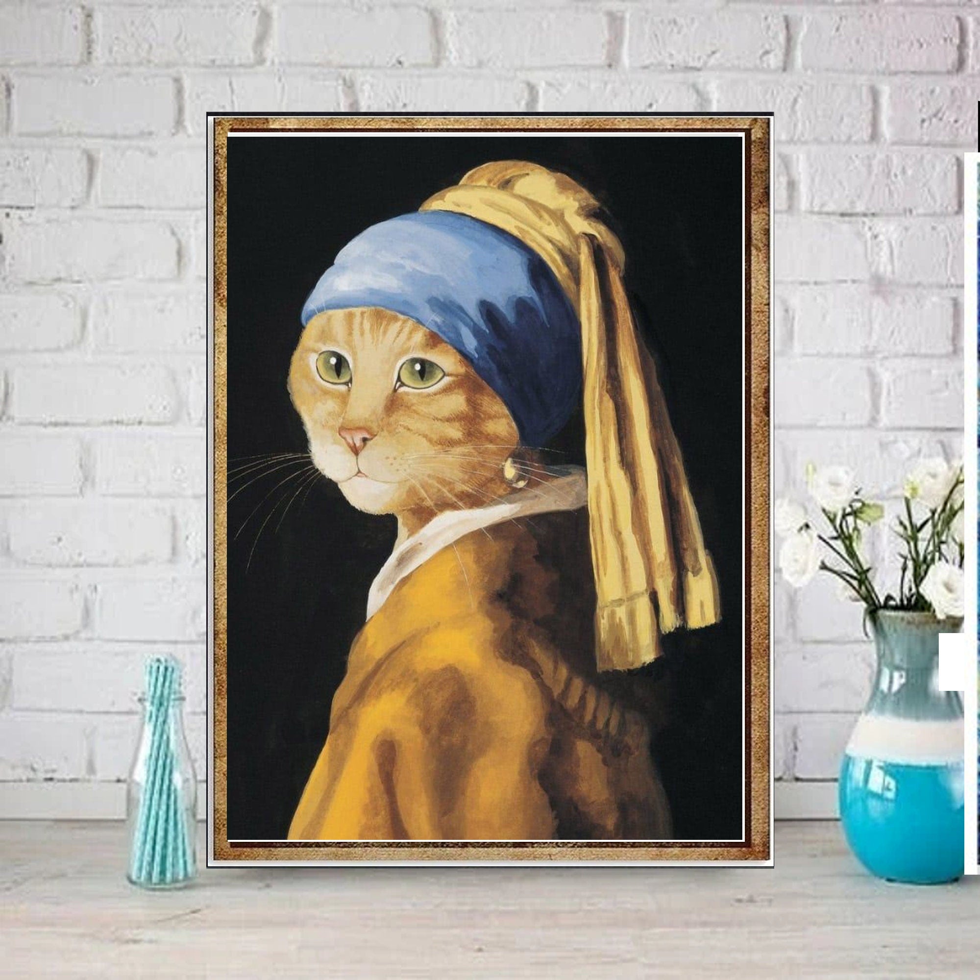 joannes vermeer  cat poster ,vintage tabby  Cat painting- tabby  Print - Cat Artwork - Home Decor,dining room decor ,living room decor