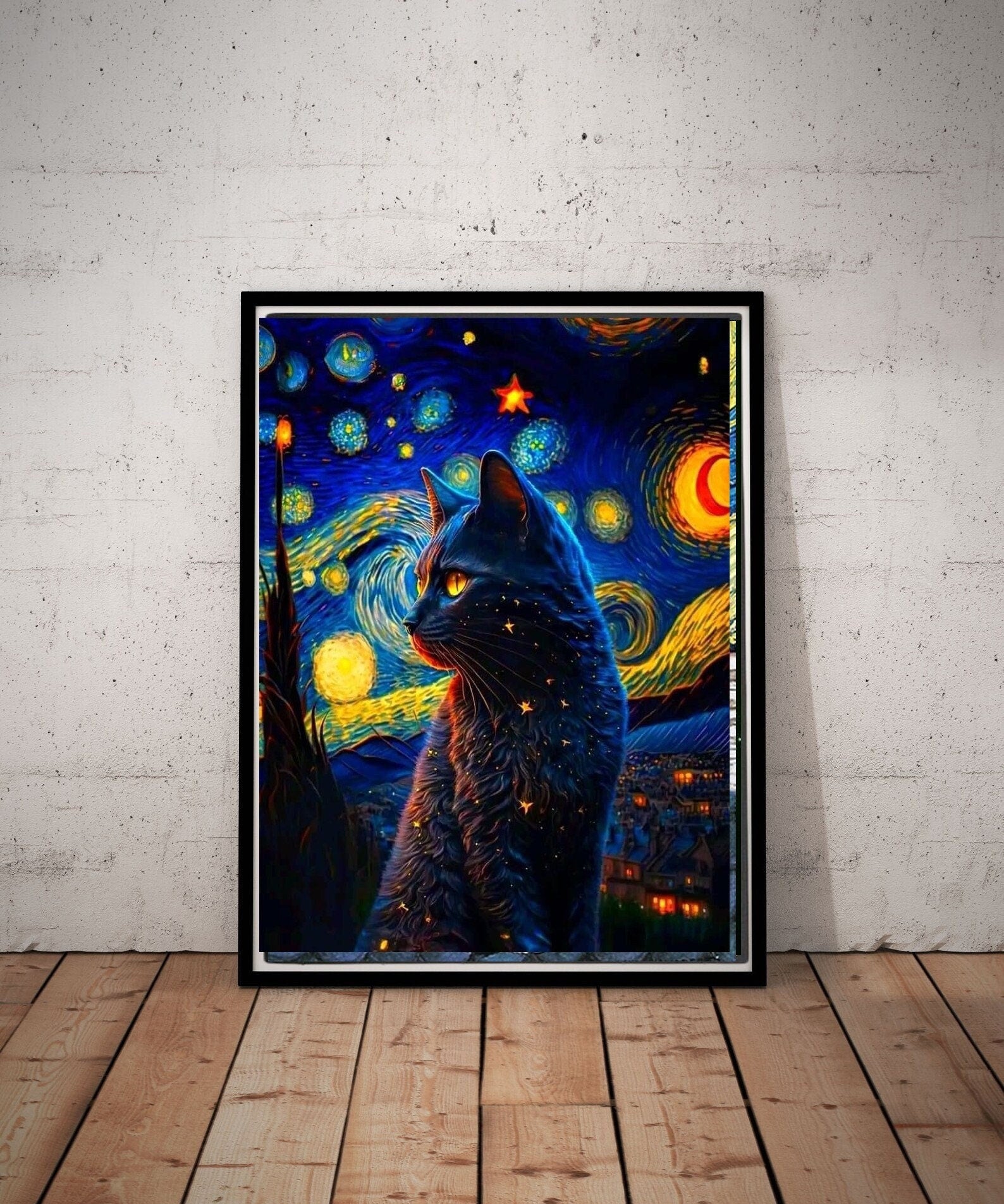 Starry Night Van Gogh with black cat ,starry night cat print,  Night Sky art painting , | Starry Night  | van goth art , van goth Wall Art