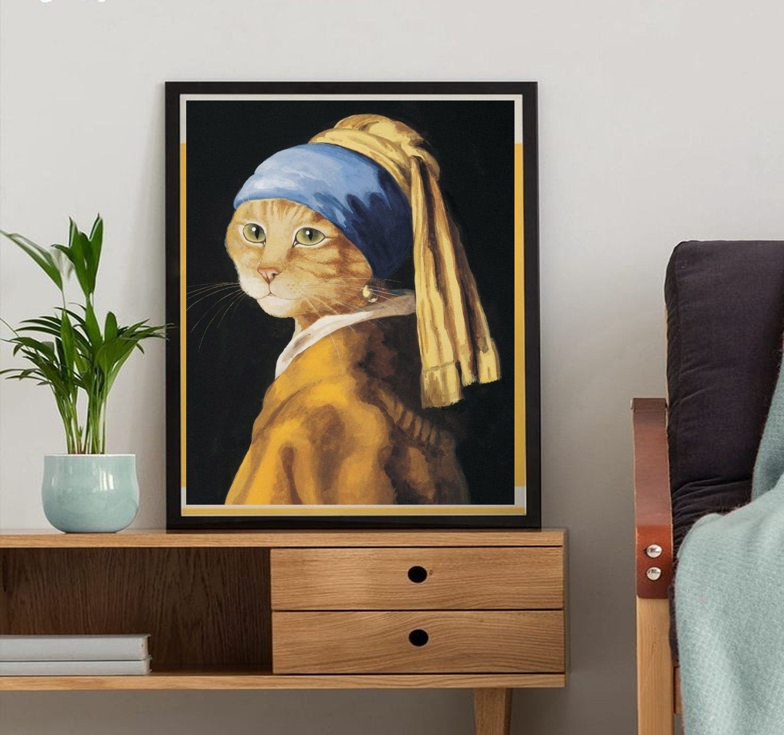 joannes vermeer  cat poster ,vintage tabby  Cat painting- tabby  Print - Cat Artwork - Home Decor,dining room decor ,living room decor