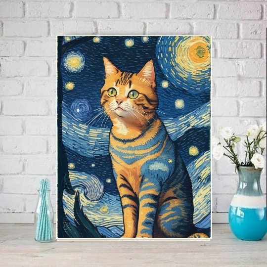 Van Goth Starry Night with ginger cat print,   van goth starry Night Poster | Starry Night Canvas |    cat-poster,  van goth  Wall Art