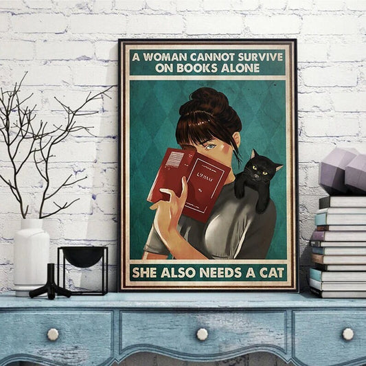 Williamsmugstore a women cannot survive on books alone  she needs a cat,black cat-poster