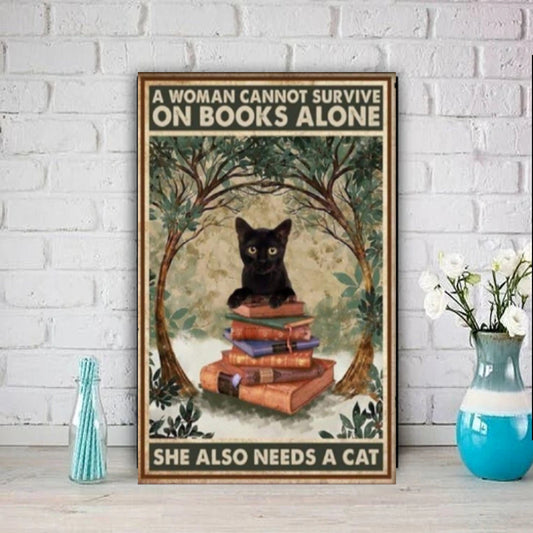 Williamsmugstore a women cannot survive on books alone she needs a cat-poster , Black Cat Wall Art - Black Cat Print - -Black Cat Artwork - Home Decor
