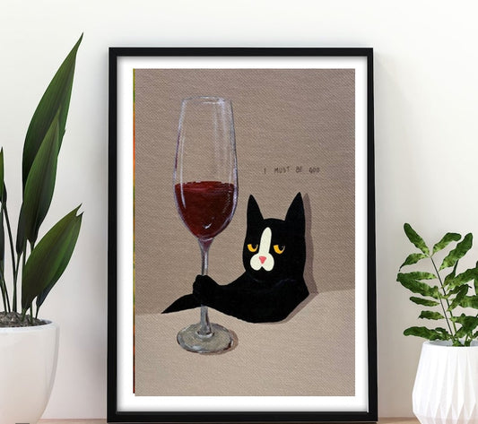 Williamsmugstore black cat and wine  poster, cat-poster ,black Cat Wall Art -black Cat Print -black Cat Artwork - Home Decor
