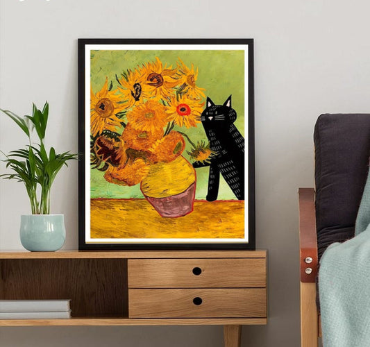 Williamsmugstore black cat knocking over sunflowers  poster, van goth sunflowers painting, Black Cat Wall Art -Black Cat Print,Black Cat Artwork ,Home Decor