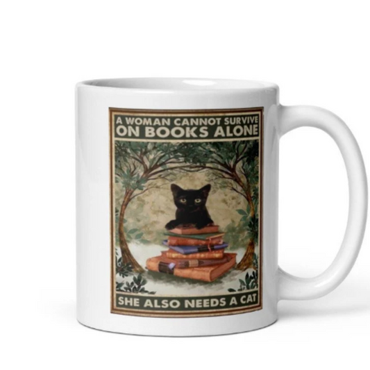 Williamsmugstore cat mug a women cannot survive on books alone she needs a cat,cat mug