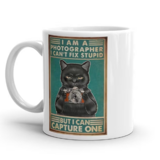 Williamsmugstore cat mug Black Cat , iam a photographer coffee mug