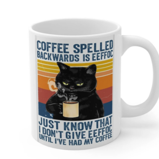 Williamsmugstore cat mug Coffee Spelled Backwards Is Eeffoc, Black Cat Mug