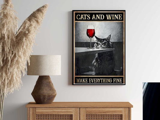 Williamsmugstore cat with glass of wine poster , tabby Cat Wall Art poster - Home Decor