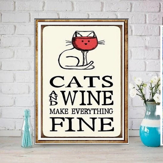 Williamsmugstore cats and wine makes it fine tabby cat poster , Black Cat Wall Art -