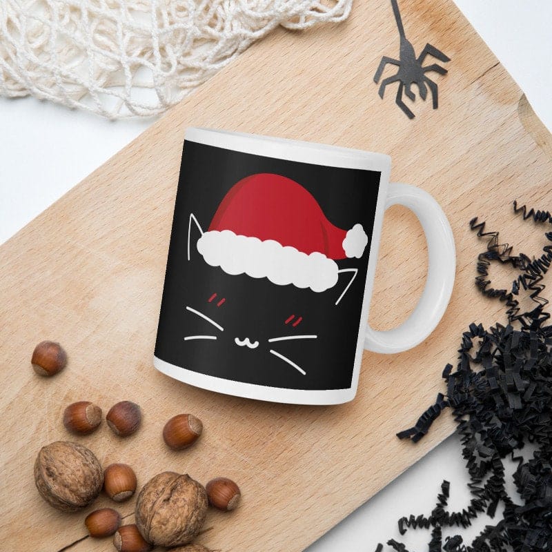 Williamsmugstore Christmas Cat with santa hat, Ceramic Mug 11oz. santa hat mug.,gift for cat lovers,gift  for her