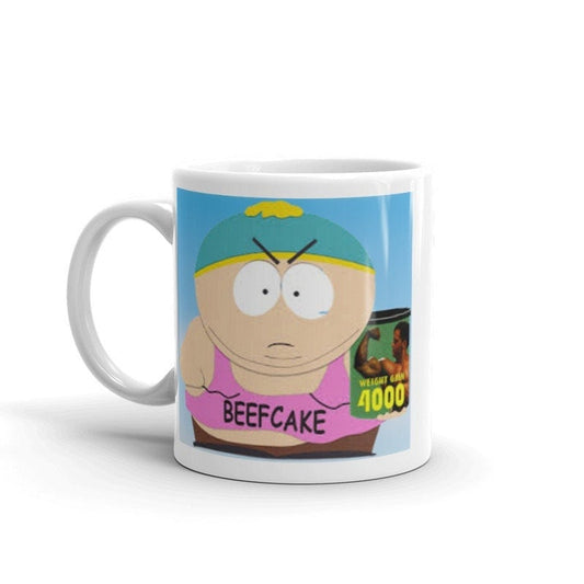 Williamsmugstore eric cartman promoting beef cake2000 southpark , handmade ceramic southpark mug,90s animated cartoon,ceramic mug gifts