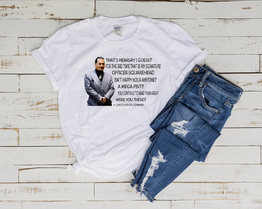 Williamsmugstore justice for Johnny Depp , offier square head shirt  , johnny depp tee, johnny depp shirt ,mega pint ,happy hour anytime