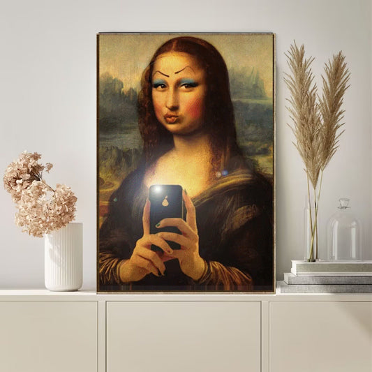 Williamsmugstore Mona Lisa holding phone art  Print, Original Oil Painting - de vinci Portrait Poster