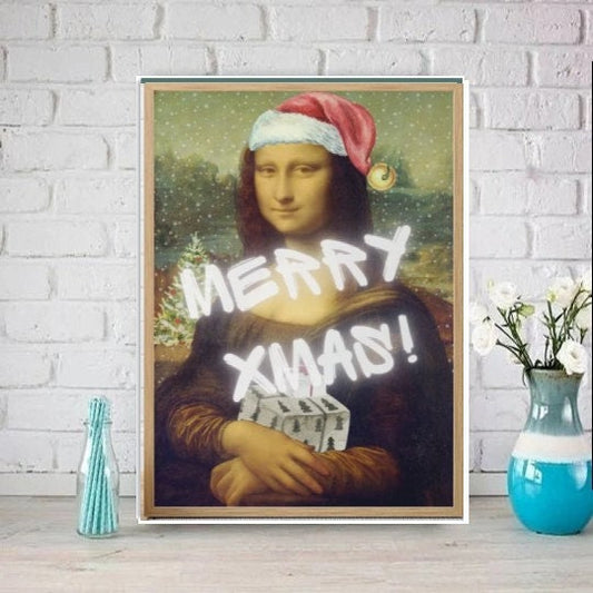 Williamsmugstore mona lisa in santas hat ,Original Oil Painting  de vinci Portrait Poster
